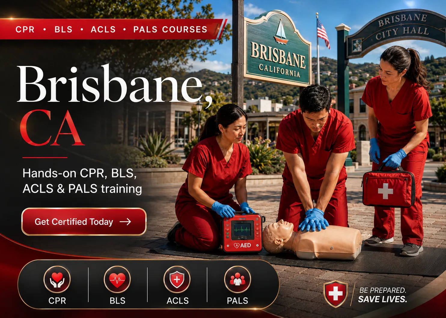 CPR certification class featuring AED training in Brisbane, CA